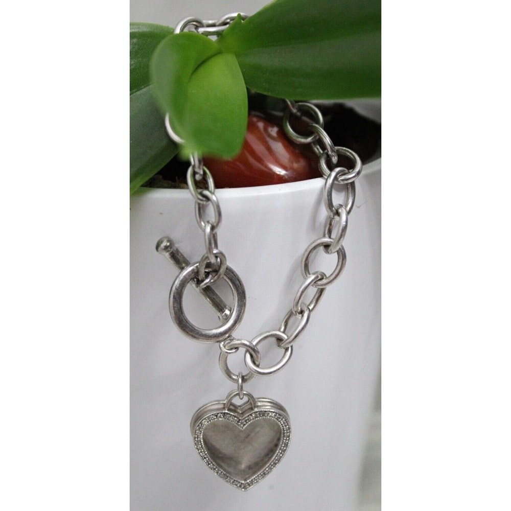 Beautiful Heart Diamond and Silver Heart Bracelet, Link and Charm 7" in Length